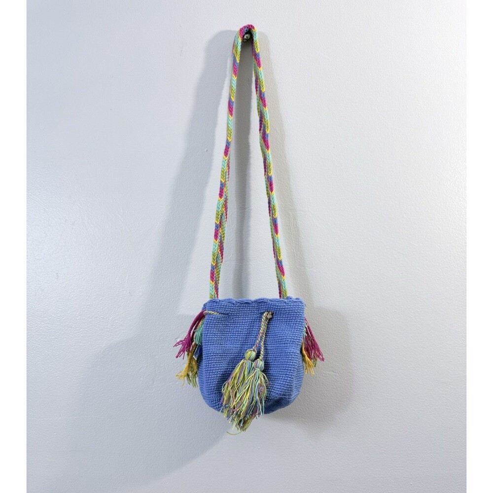 Wayuu mochila Bag Crossbody Deep Aqua Blue Colorful Woven Strap